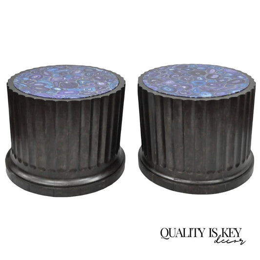 Large Custom Wooden Fluted Column Pedestal w/ Faux Purple Agate Painted Top Pair