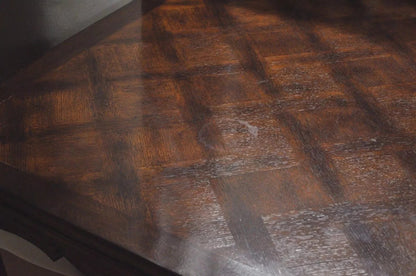 Vintage French Country Oak Parquetry Inlay Refectory Extension Leaf Dining Table