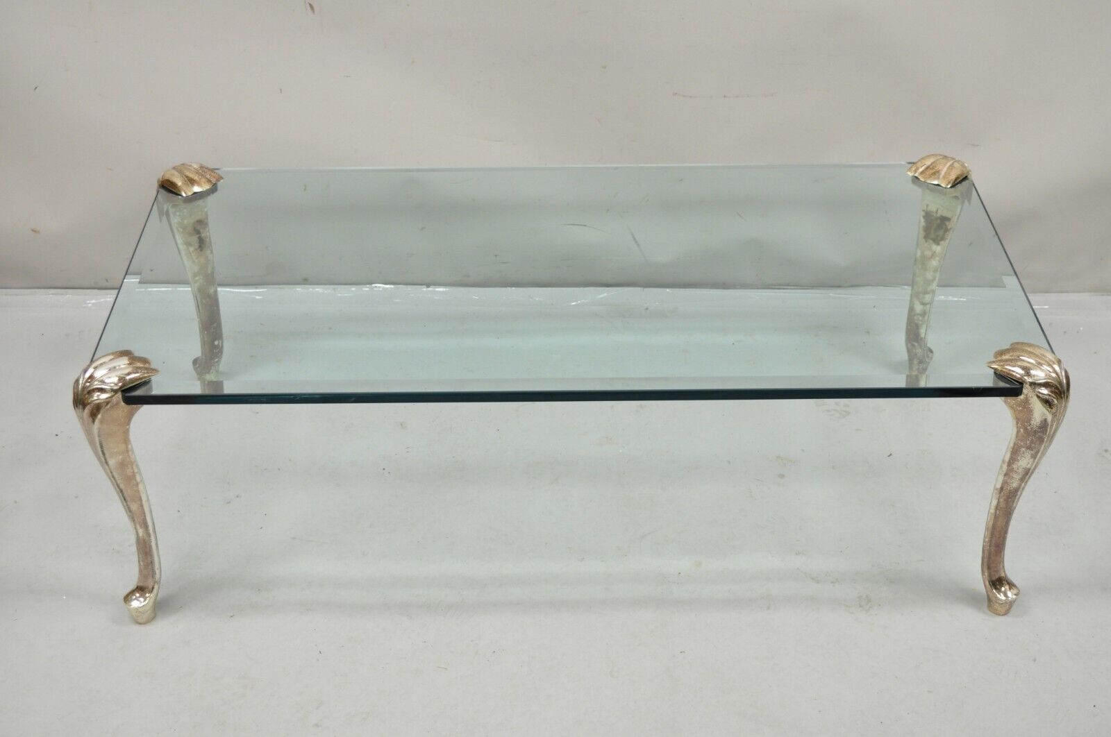 Vintage French Hollywood  Regency Beveled Glass Bronze Cabriole Leg Coffee Table