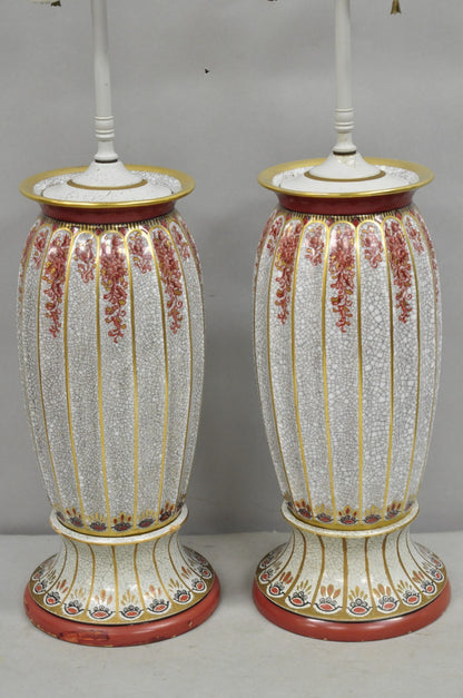 Victorian Red White Floral Painted French Porcelain Jardinière Table Lamps, Pair