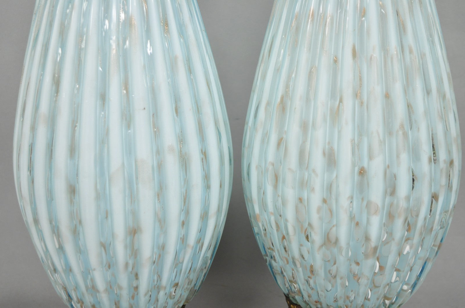 Vintage Mid Century Modern Blue Italian Murano Glass Gold Bubble Table Lamp Pair