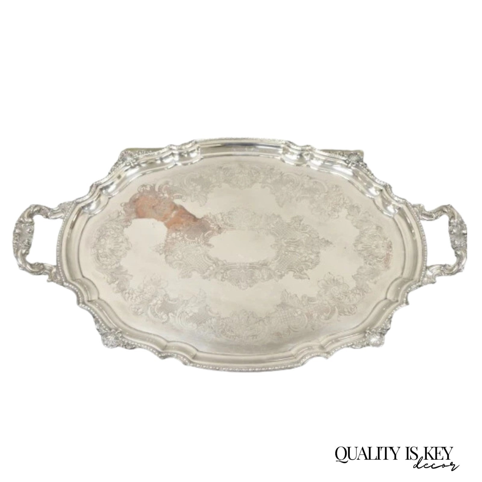 Antique English Victorian Silver Plated Ornate Oval Serving Platter Bar Tray