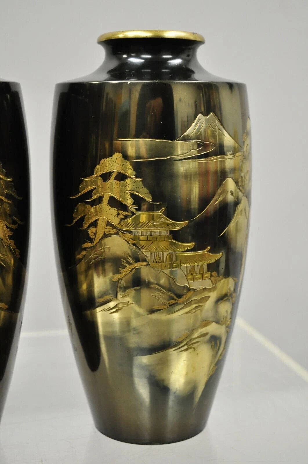 Vintage 10" Oriental Bronze Metal Pagoda Mountain Engraved Vase Set - a Pair