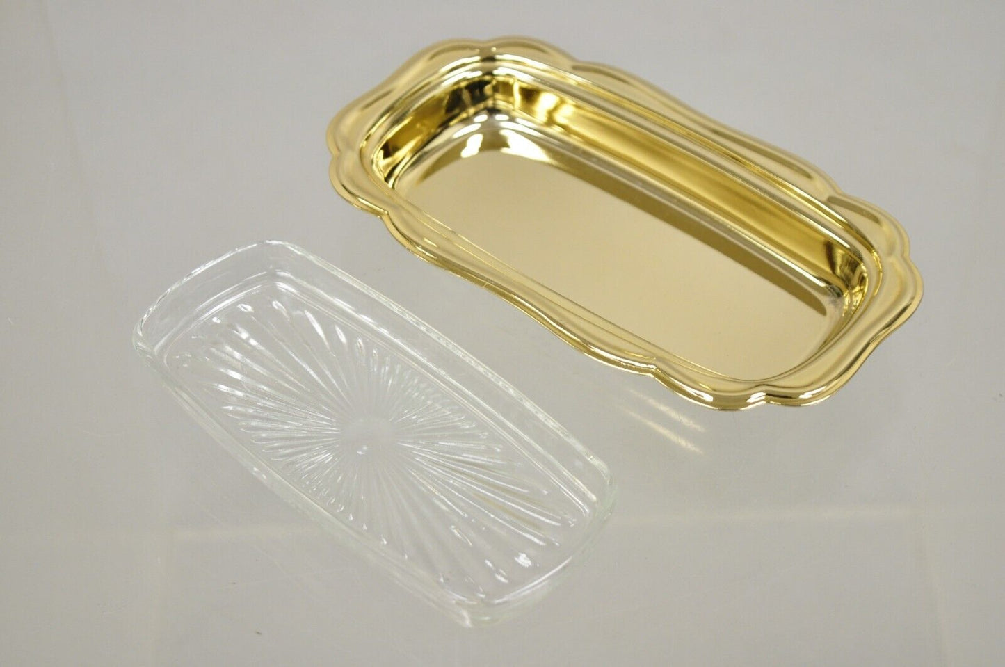 Vintage Gold Plated Metal Hollywood Regency Butter Dish With Glass Liner