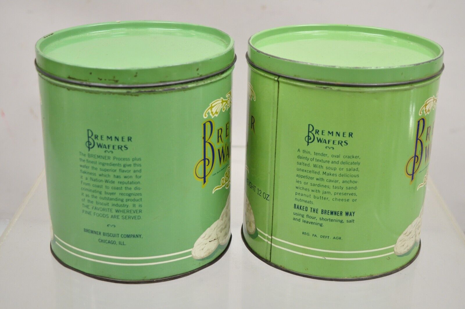 Vintage Bremner Wafers Tin Mint Green Round Lidded Metal Biscuit Metal Box Pair