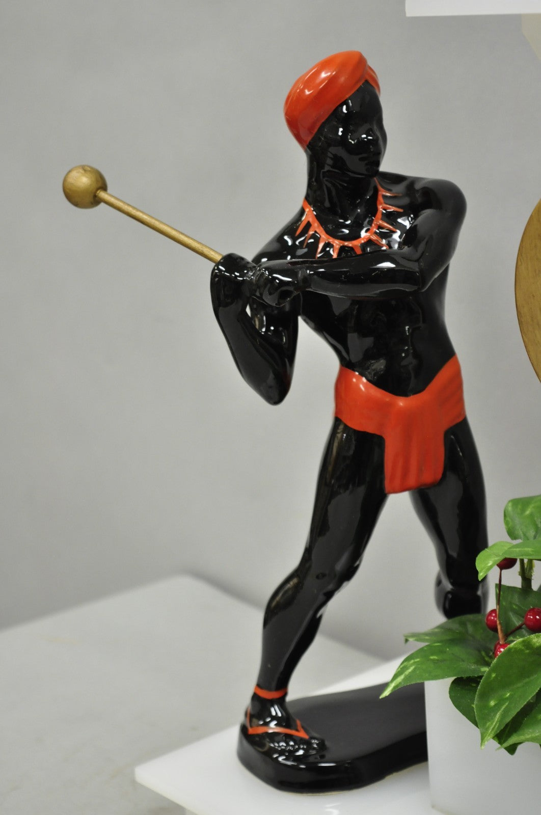 Vintage Mid Century Modern Figural African Black Male w/ Gong Acrylic Table Lamp