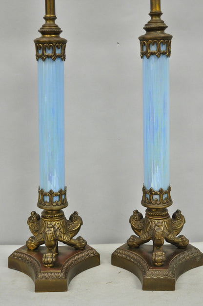 Vintage Italian Neoclassical Empire Iridescent Blue Glass Column Table Lamp Pair