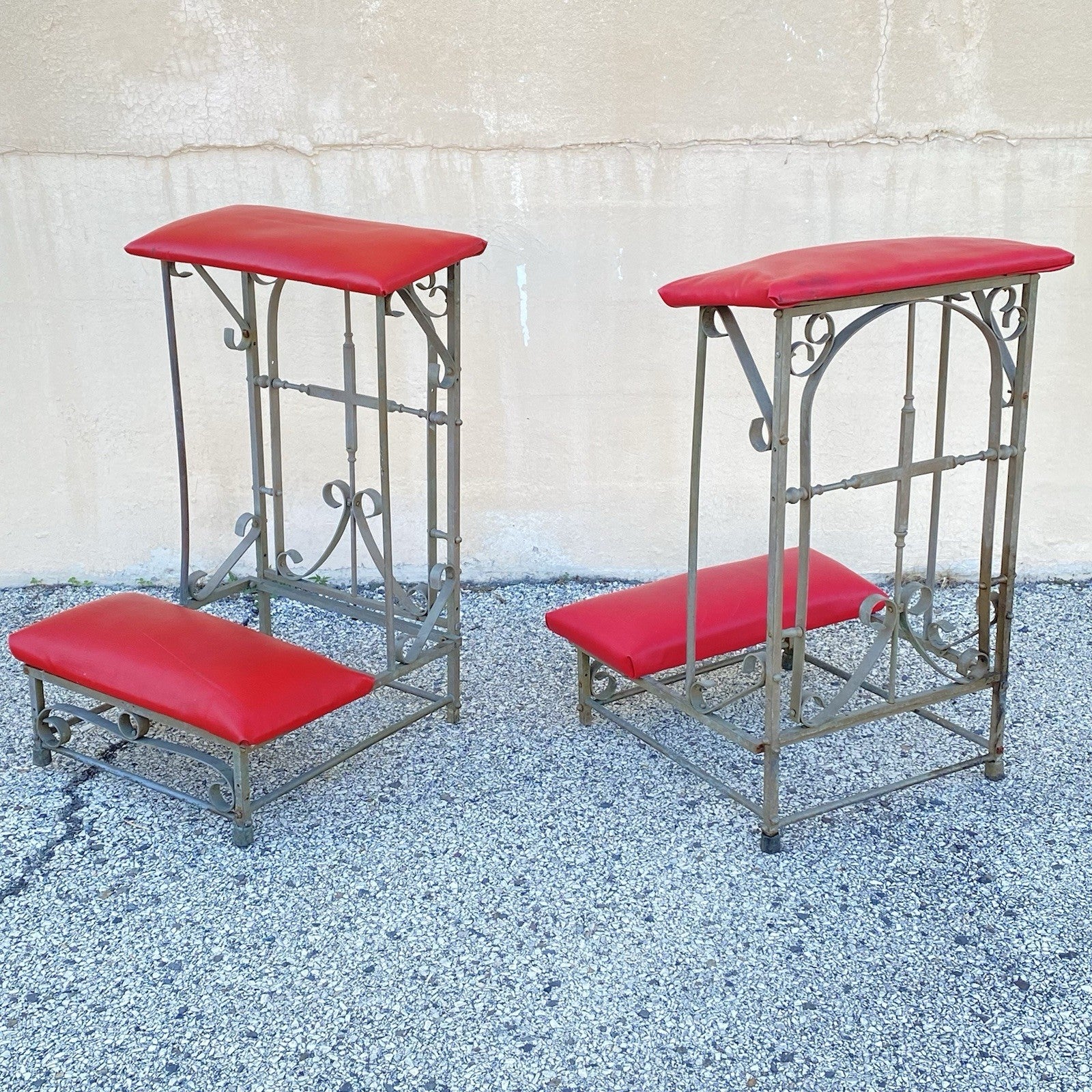 Antique Spanish Gothic Wrought Iron Kneeler Prie Dieu Prayer Benches - a Pair
