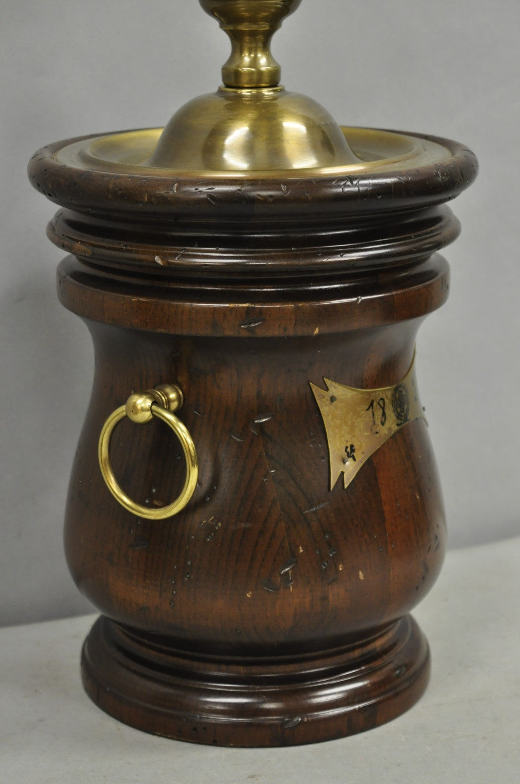 Vintage Frederick Cooper Colonial Style Solid Pine Wood Barrel Brass Table Lamp