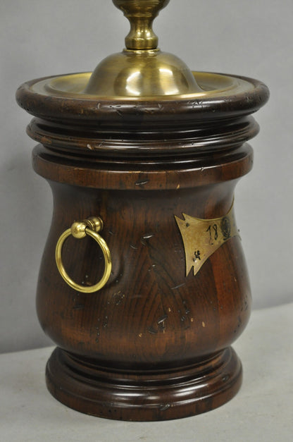Vintage Frederick Cooper Colonial Style Solid Pine Wood Barrel Brass Table Lamp