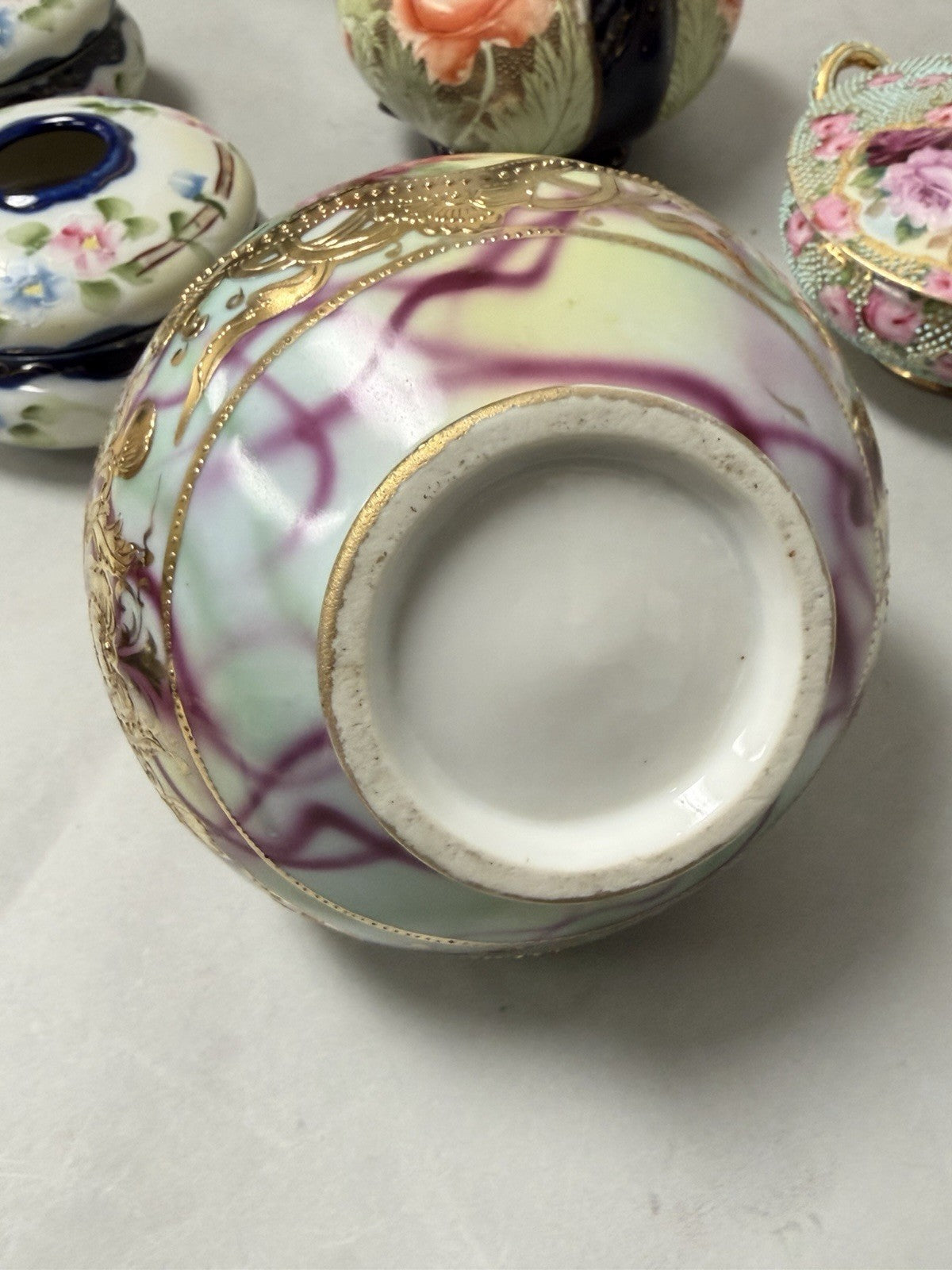Antique Austrian Hand Painted Moriage Porcelain Double Swung Handle Bulbous Vase