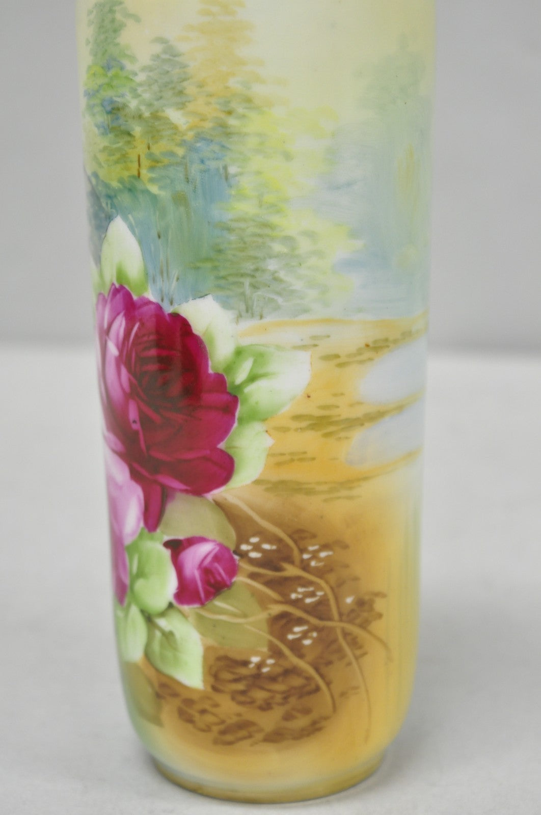 Antique Nippon Hand Painted Pink Rose & Lake Scene Small Porcelain Cylinder Vase