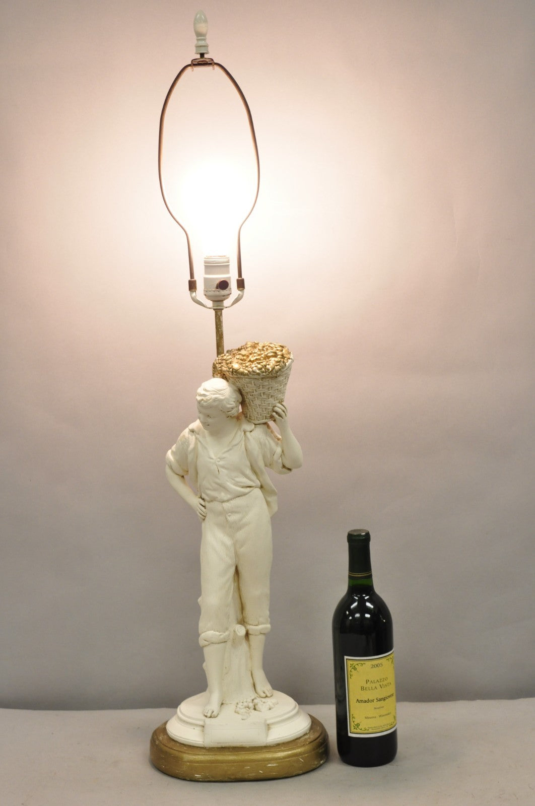 Vintage French Style White Painted Metal Figural Boy w Flower Basket Table Lamp