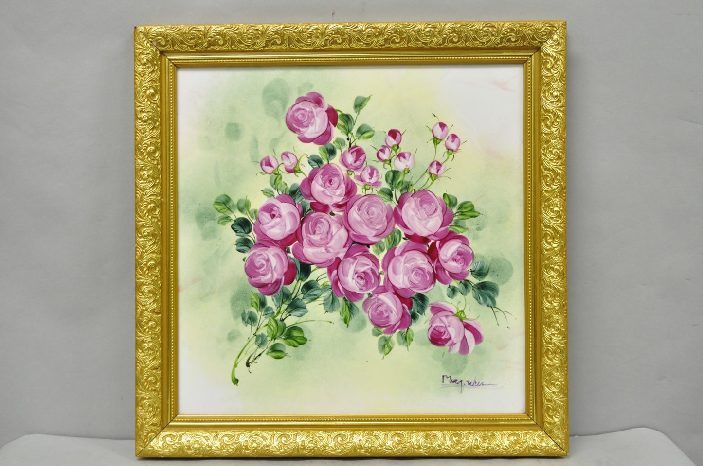 Mary Wilson French Hand Painted Porcelain Plaque Pink Rose Flower Painting (A)