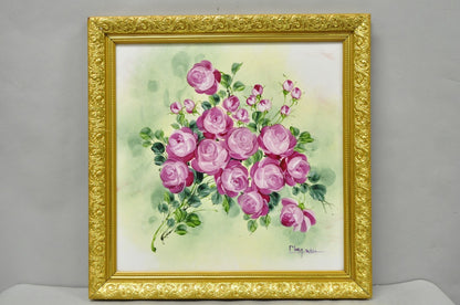 Mary Wilson French Hand Painted Porcelain Plaque Pink Rose Flower Painting (A)