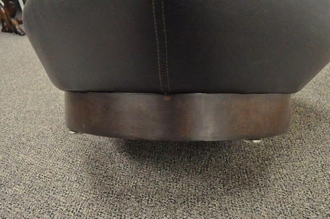 Vintage Mid Century Modern Tufted Brown Vinyl Walnut Chair Ottoman Footstool