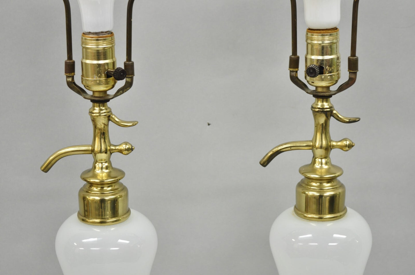 Mid Century Modern White Opaline Milk Glass Seltzer Bottle Table Lamps - a Pair