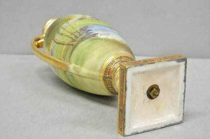 Antique Nippon Hand Painted Twin Handled Gold Gilt Lake & Swan Scene Bolted Vase