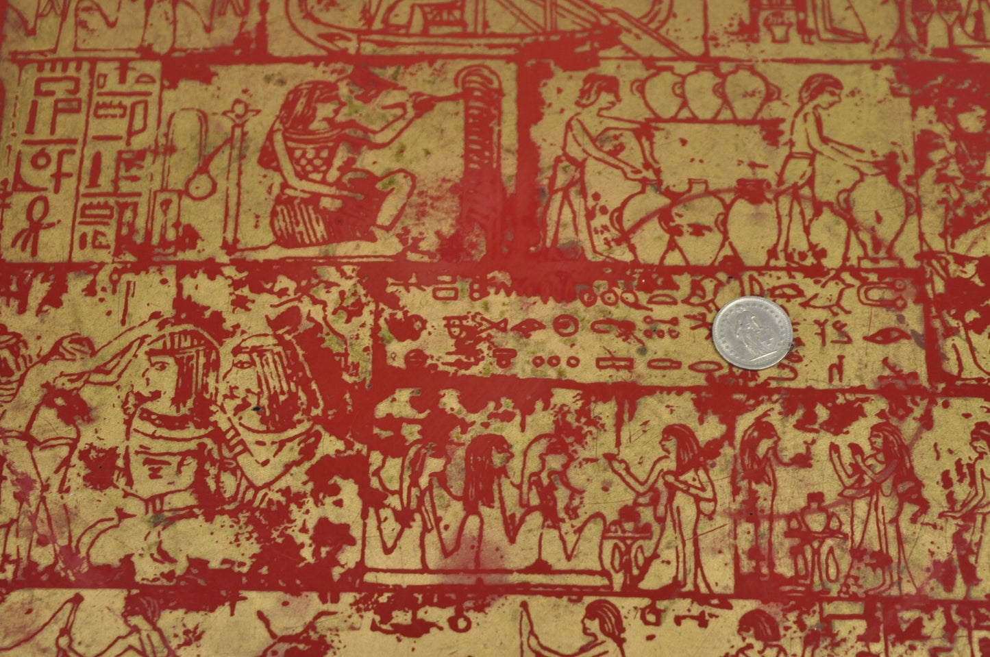 Red Lacquered Wood Ancient Egyptian Hieroglyphic Gold Papyrus Square Bar Tray