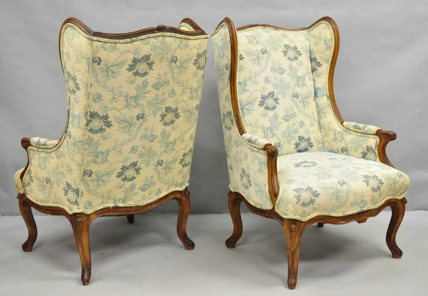 Antique French Country Provincial Carved Walnut Wingback Lounge Chairs Pair