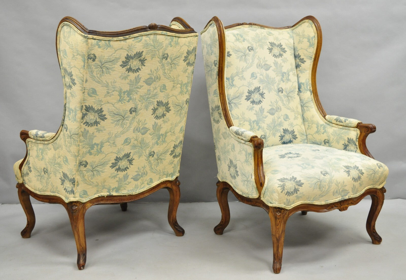 Antique French Country Provincial Carved Walnut Wingback Lounge Chairs Pair