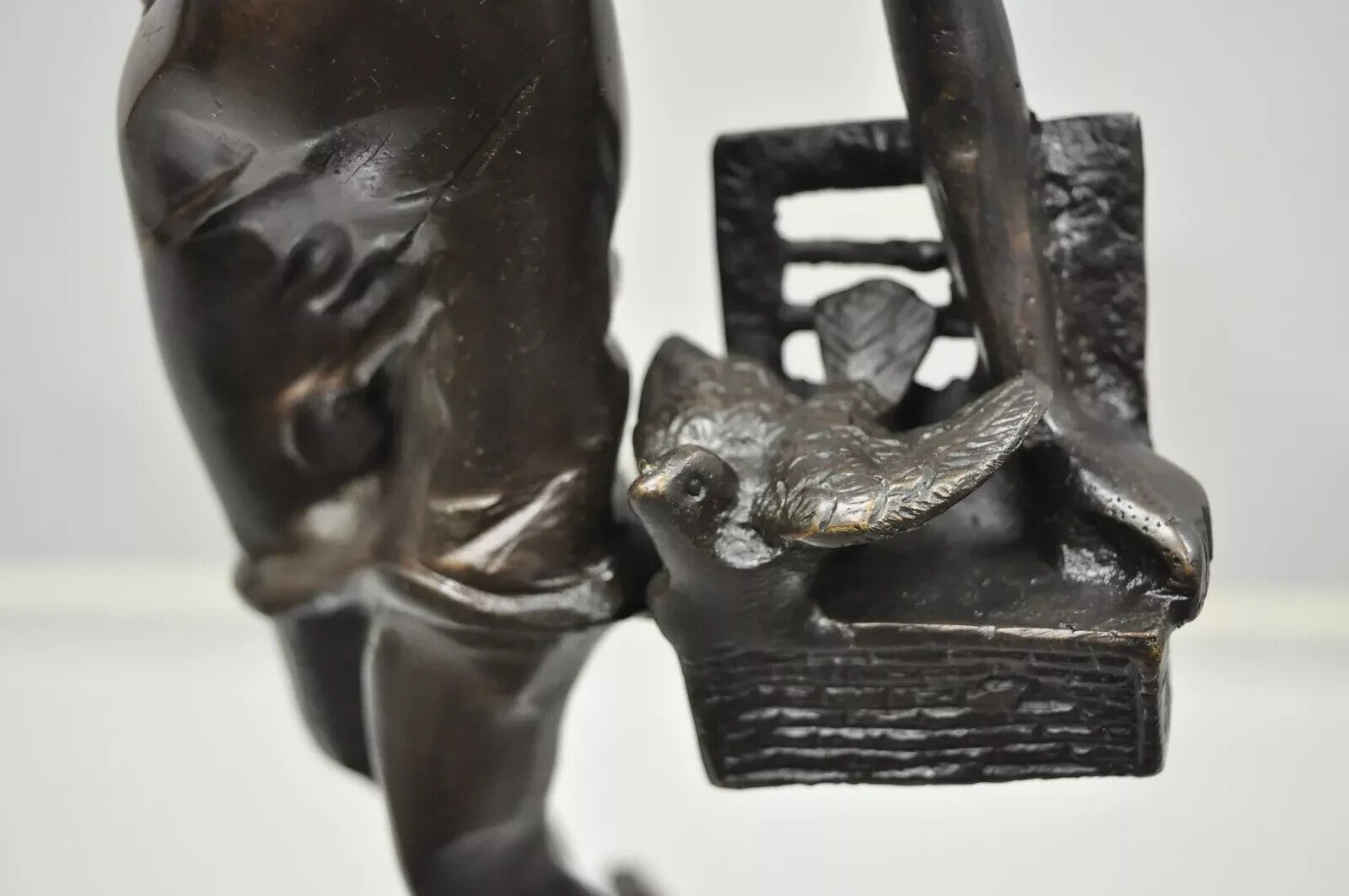 Vintage French Bronze Sculpture of Woman w/ Birds & Basket After Emile Guillemin