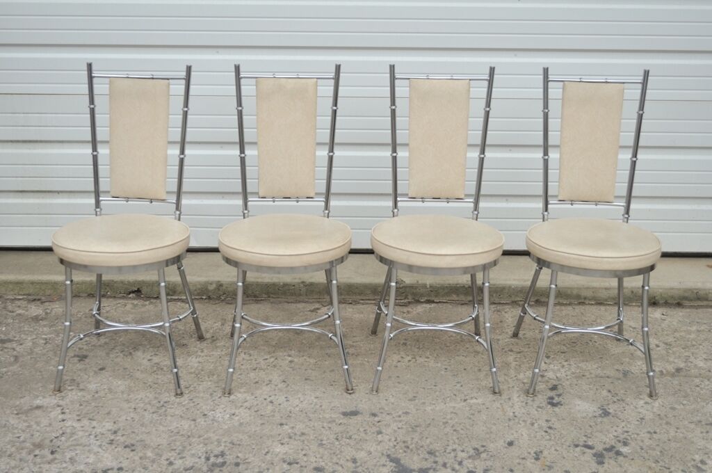 Vintage Hollywood Regency Chrome Metal Faux Bamboo Dining Kitchen Set - 5 Pc Set