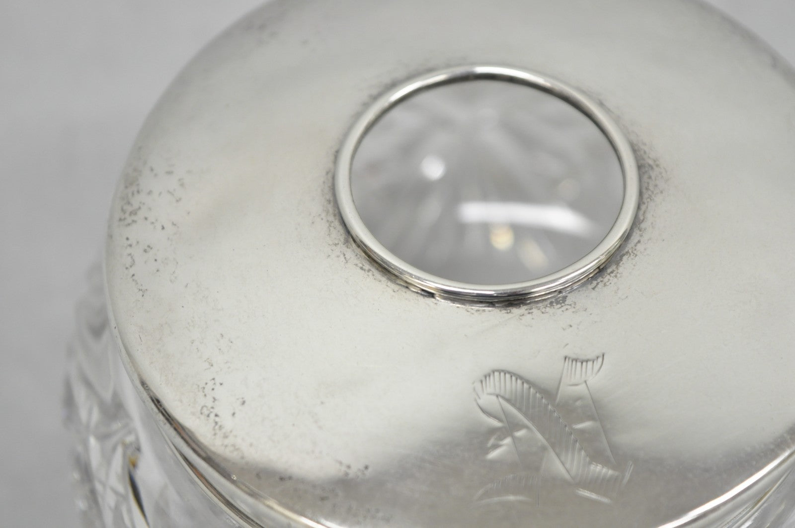 Antique Victorian Sterling Silver Crystal Glass Vanity Hair Receiver "N" Mono