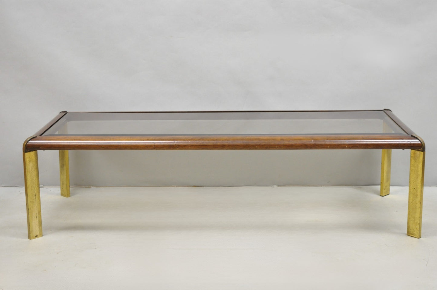 Vintage Lane Mid Century Modern Sculpted Brass Metal Wood Glass Top Coffee Table