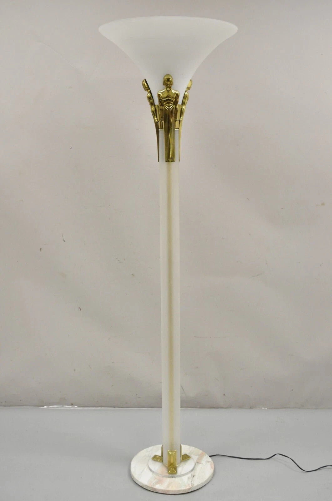 Vintage Postmodern Art Deco Figural Frosted Acrylic & Glass Torchiere Floor Lamp