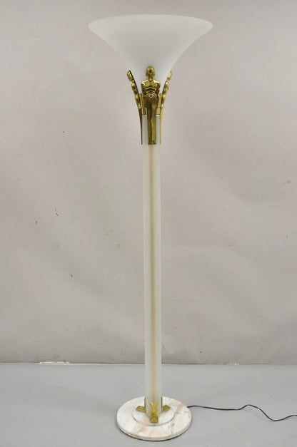 Vintage Postmodern Art Deco Figural Frosted Acrylic & Glass Torchiere Floor Lamp