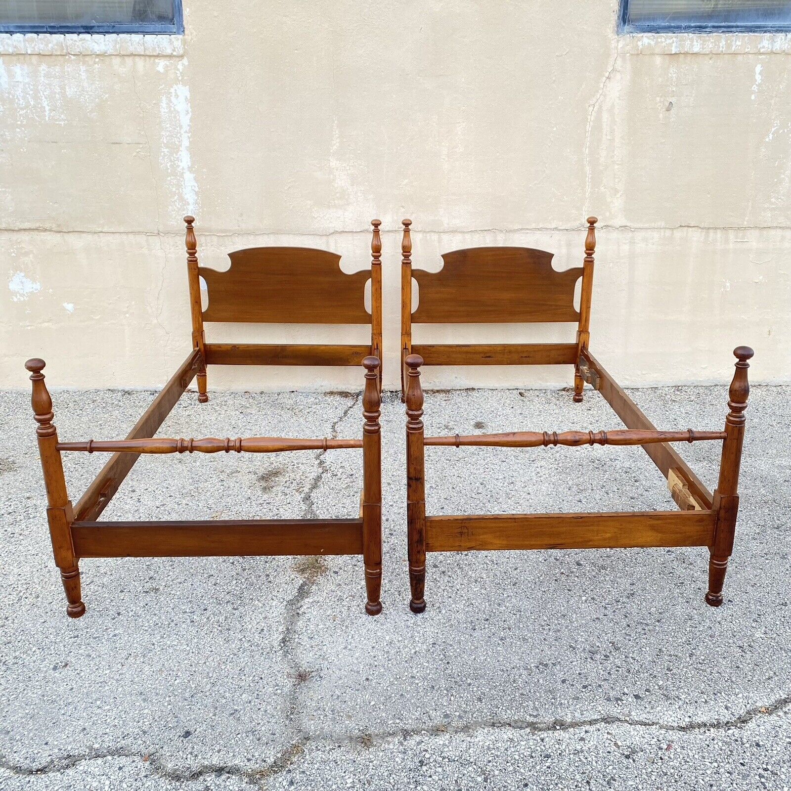 Vintage Colonial Style Cherry Wood Cannonball Single Twin Bed Frames - a Pair
