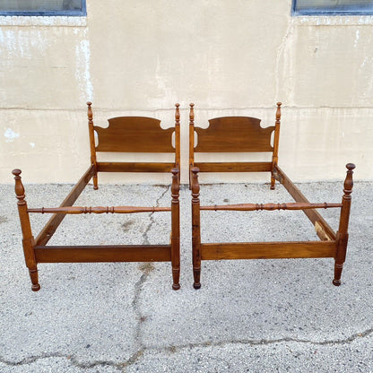 Vintage Colonial Style Cherry Wood Cannonball Single Twin Bed Frames - a Pair