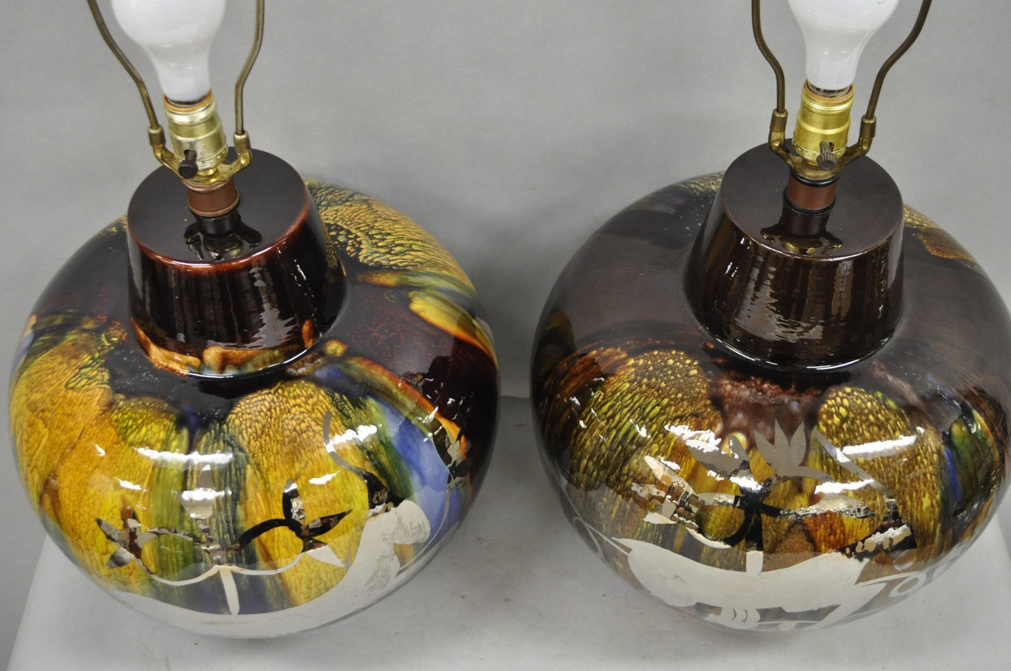 Mid Century Modern Ram Brown Drip Glaze Pottery Table Lamps by Sunset Cosco Pair