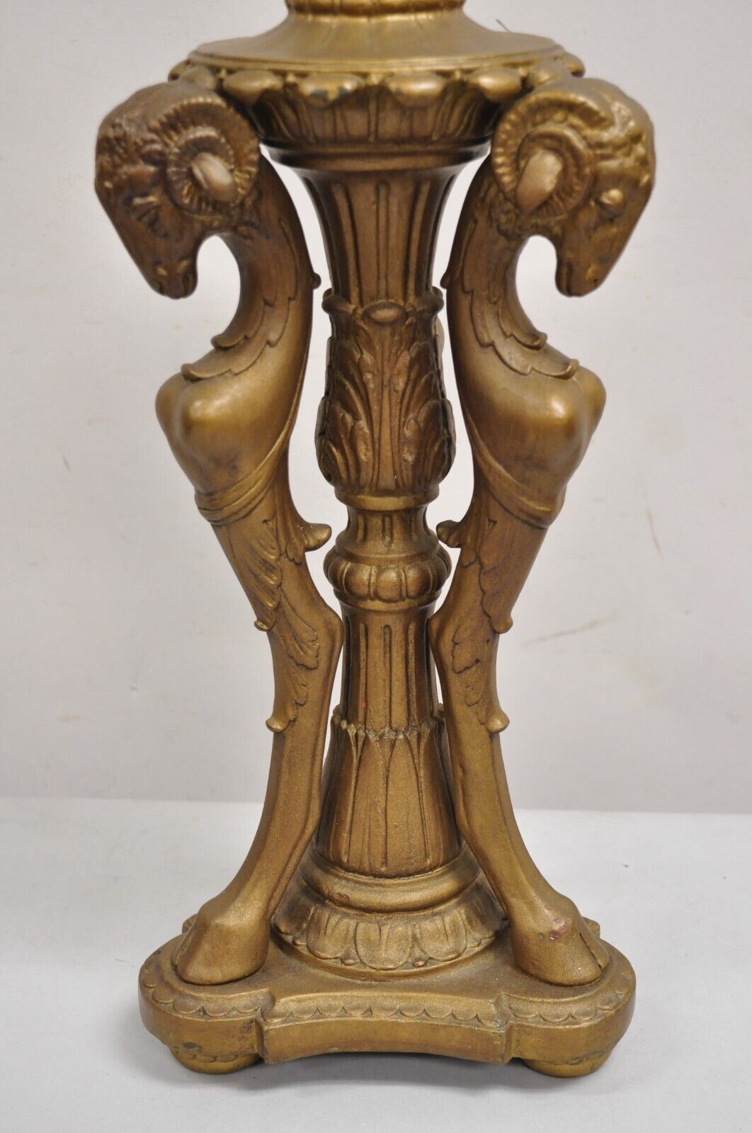 Vintage Neoclassical Style Triple Ram Goat Head Clad Gold Table Lamp