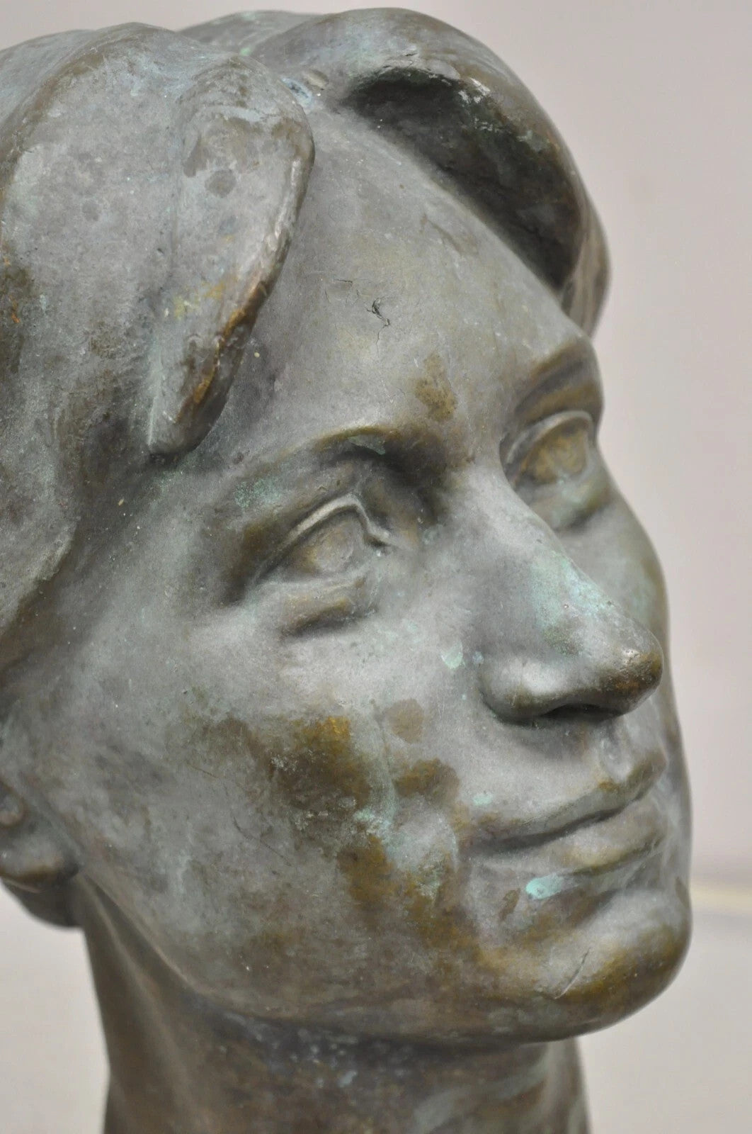 Vintage Patinated Cast Bronze Bust Statue Sculpture of Woman with Pinned Hair