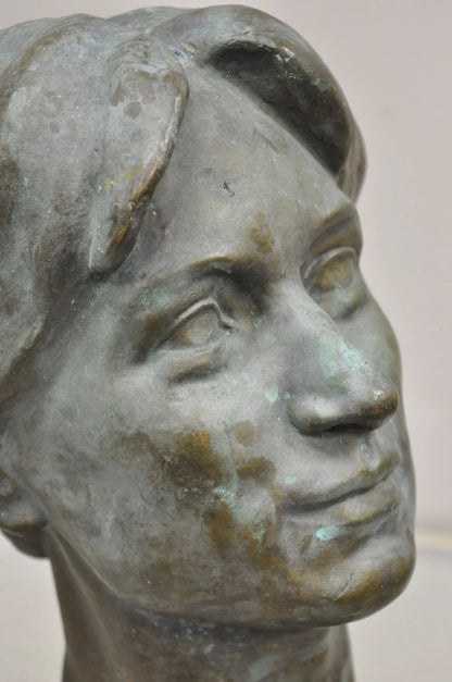 Vintage Patinated Cast Bronze Bust Statue Sculpture of Woman with Pinned Hair