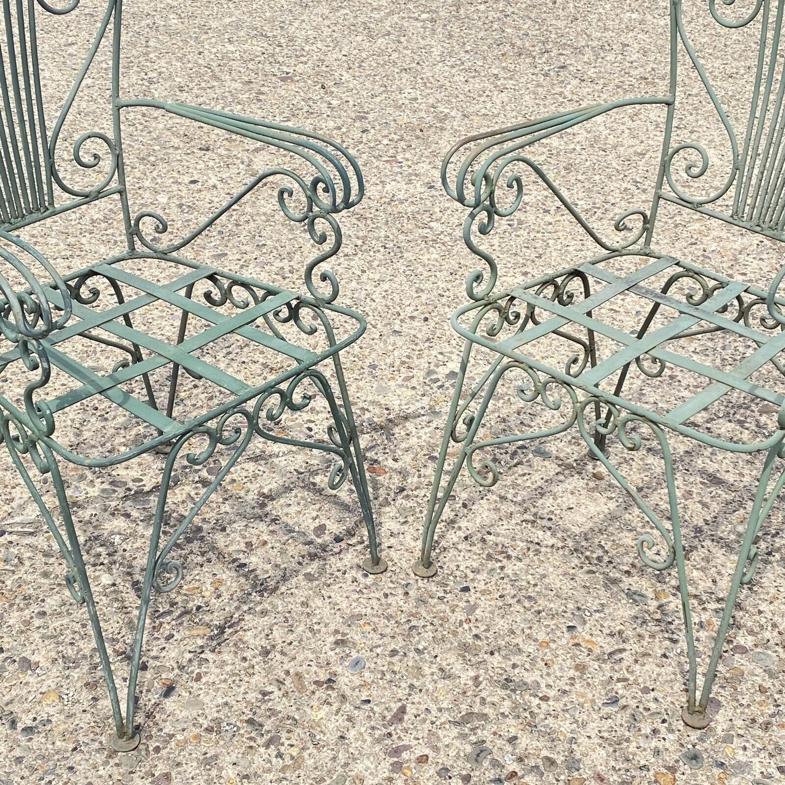 Vintage Neoclassical Style Green Wrought Iron Lyre Harp Garden Chairs - Set of 4