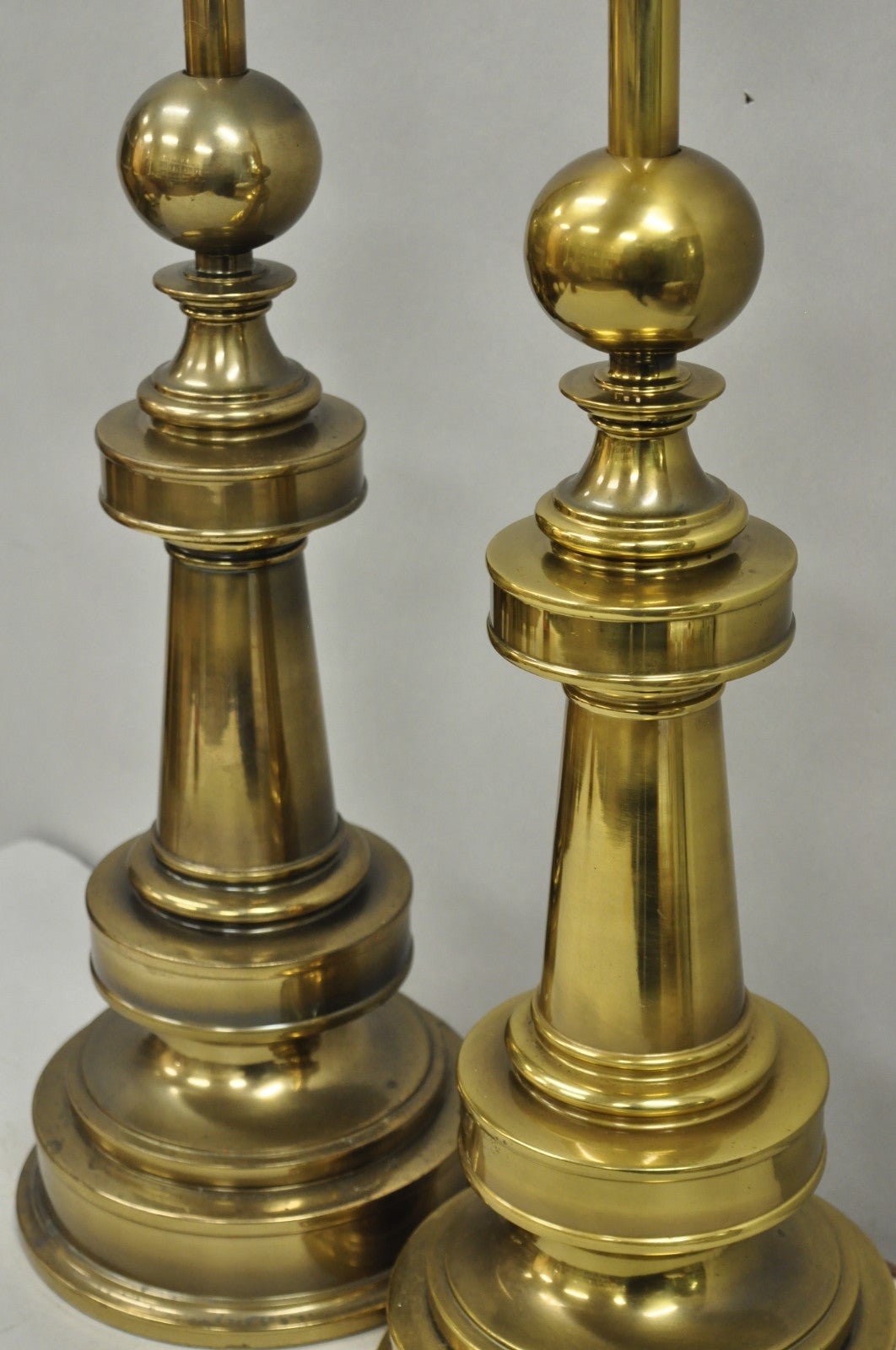 Vintage Stiffel Neoclassical Brass Cannonball Column Table Lamps - a Pair