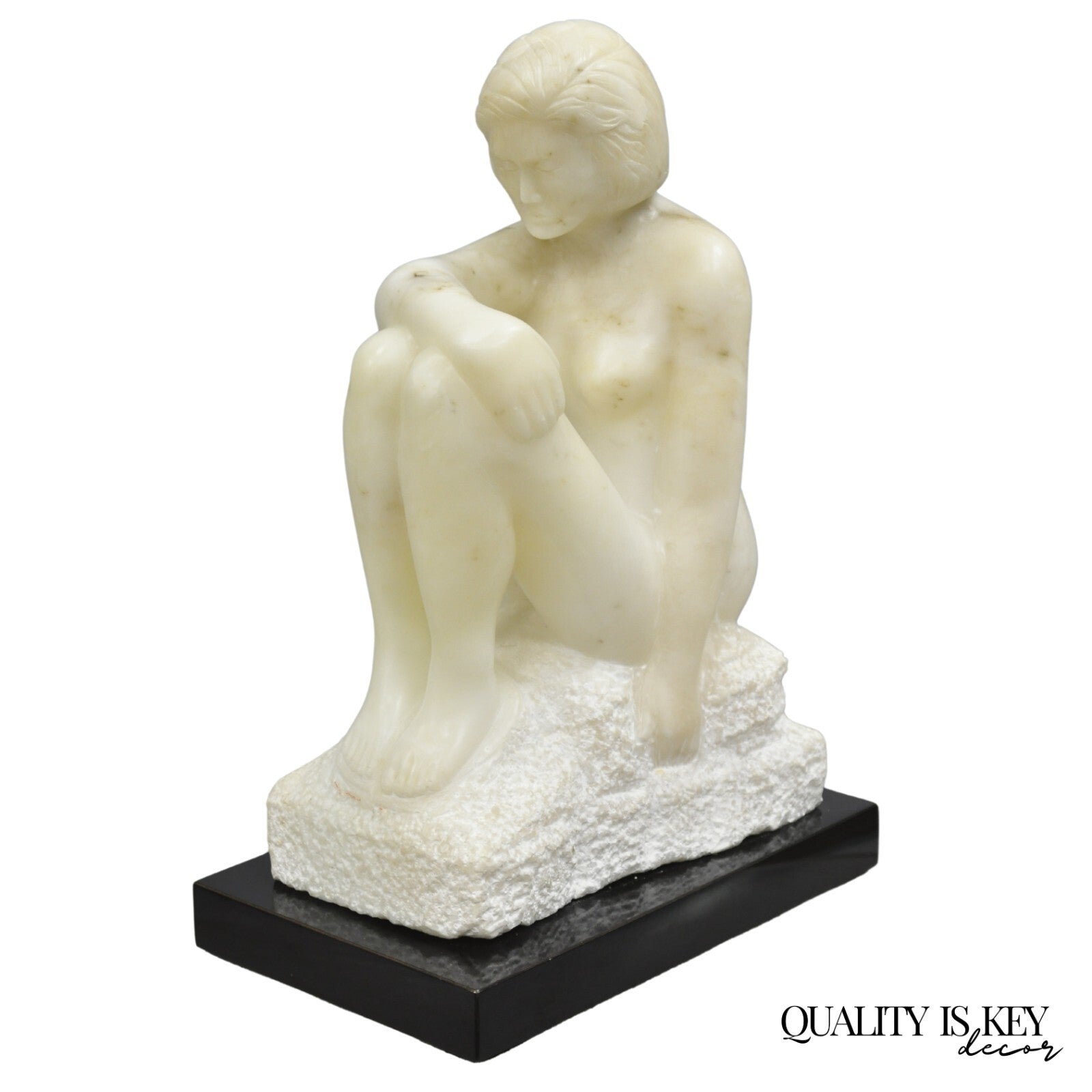 Morton Gaffin "Seated Woman" Modernist Carved White Alabaster Nude Sculpture
