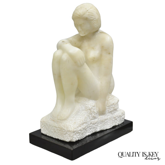 Morton Gaffin "Seated Woman" Modernist Carved White Alabaster Nude Sculpture