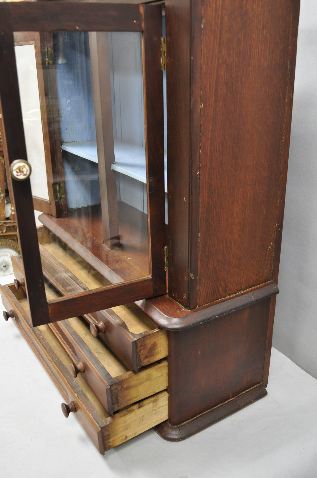 American Colonial Walnut Salesman Sample Apothecary Cupboard Display Cabinet