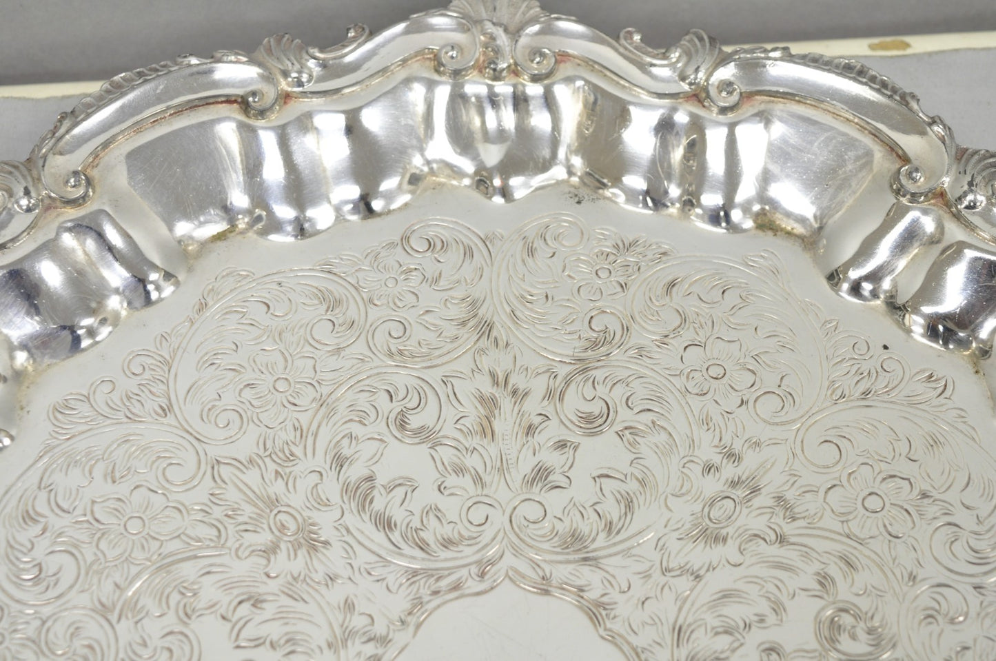 Vintage SBEP Victorian Silver Plated Round Scalloped Salver Bar Tray Platter