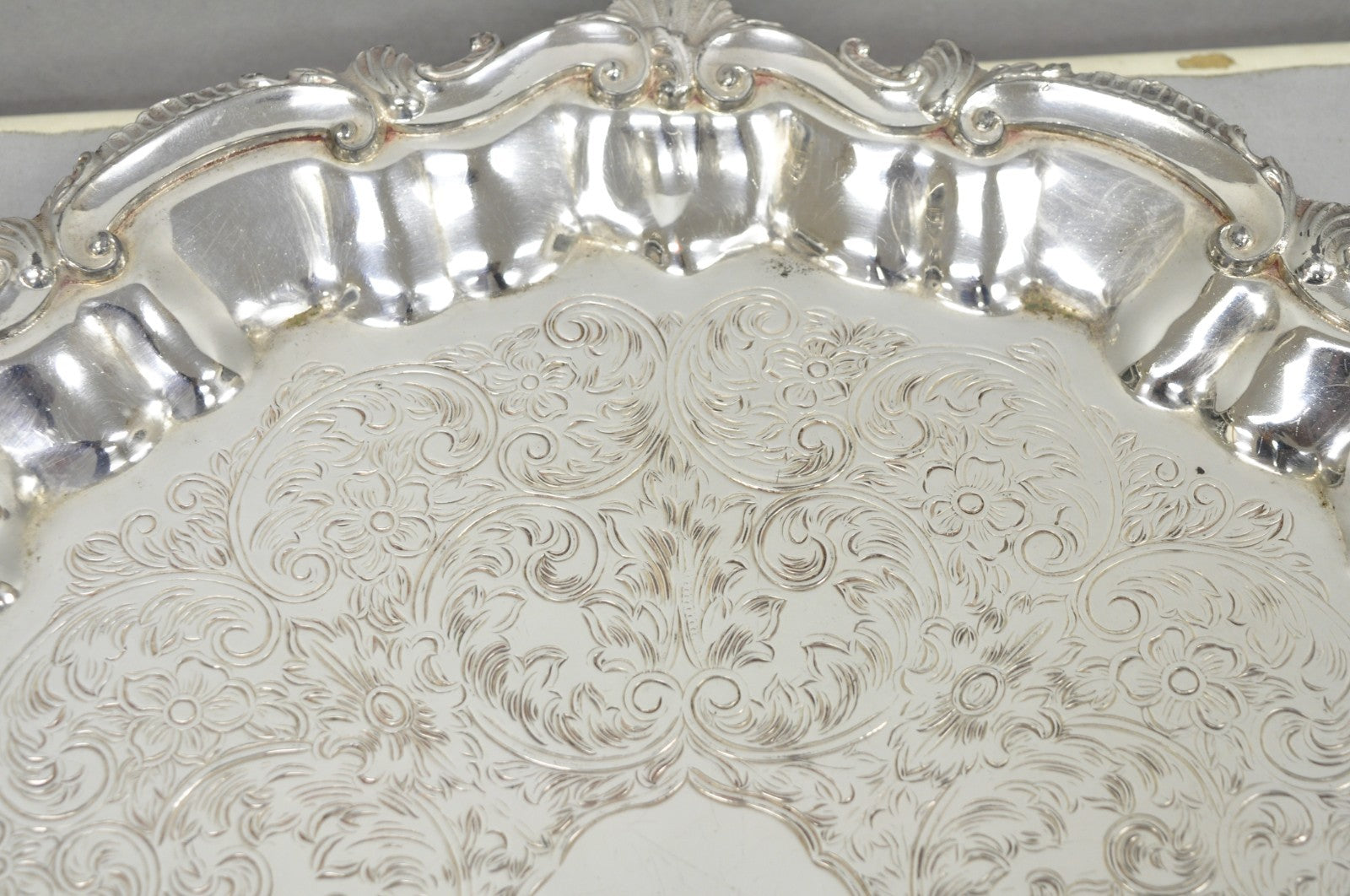 Vintage SBEP Victorian Silver Plated Round Scalloped Salver Bar Tray Platter