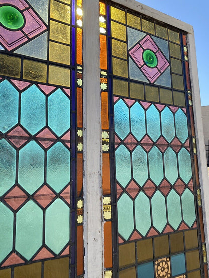 Antique Victorian 70 x 48 Double Stained Glass Window Pink Blue Green Jeweled