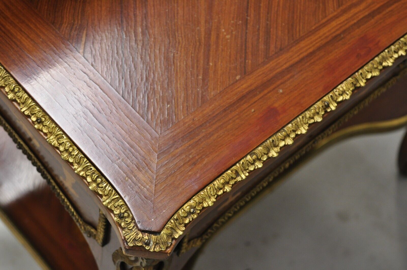 Vintage French Louis XV Style Marquetry Inlay Bronze Ormolu Small Writing Desk