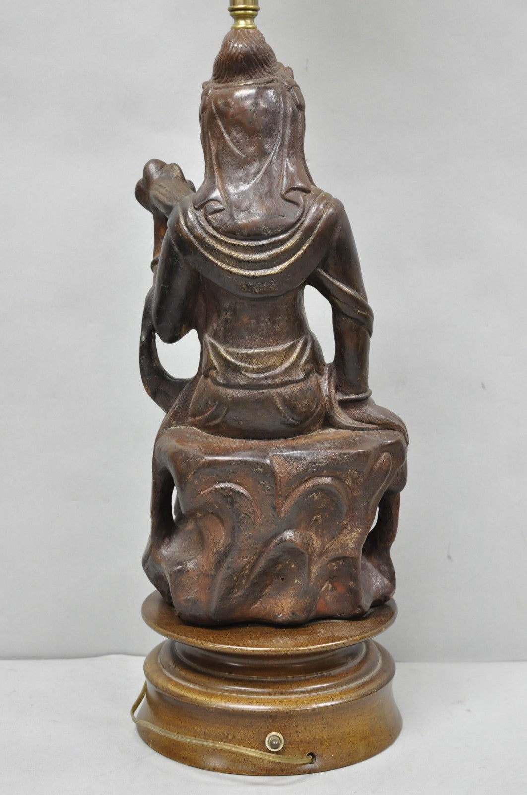 Vintage Buddhist Kuan Yin Brown Ceramic Sculpture Figure Table Lamp w/ Shade