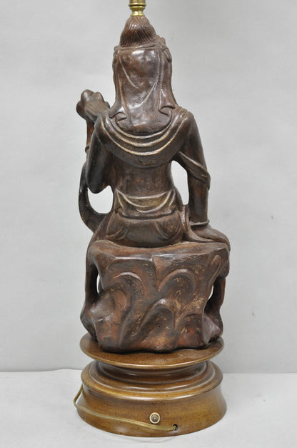 Vintage Buddhist Kuan Yin Brown Ceramic Sculpture Figure Table Lamp w/ Shade