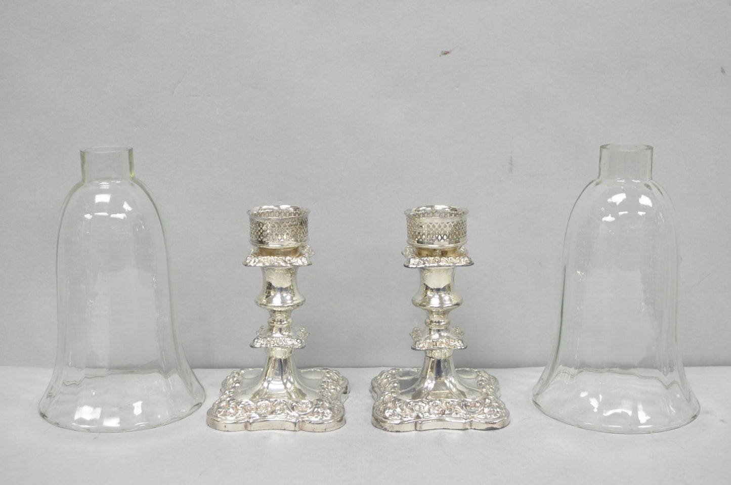 Antique Victorian Silver Plated Glass Hurricane Lamp Shade Candlestick - Pair