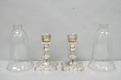 Antique Victorian Silver Plated Glass Hurricane Lamp Shade Candlestick - Pair